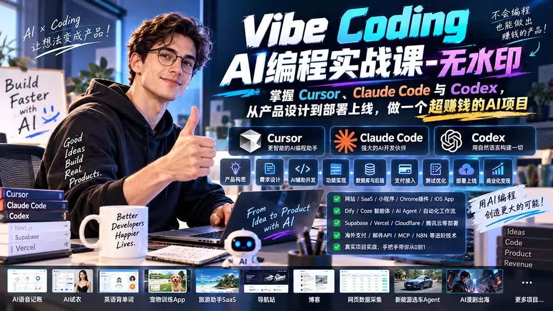 (20431期)Vibe Coding AI编程实战课-无水印:掌握Cursor、Claude Code与Codex,从产品设计到部署上线,做一个超赚钱的AI项目 (20431期)Vibe Coding AI编程实战课-无水印:掌握Cursor、Claude Code与Codex,从产品设计到部署上线,做一个超赚钱的AI项目